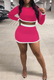 Deep Pink Sexy Casual Solid Patchwork O Neck Long Sleeve Two Pieces