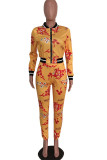 Golden Yellow Casual Print Patchwork O Neck Long Sleeve Two Pieces