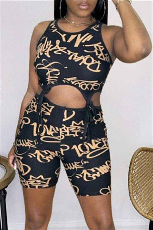 Yellow Fashion Casual Print Bandage Hollowed Out O Neck Sleeveless Two Pieces