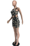 Red Fashion Casual Print Bandage Hollowed Out O Neck Sleeveless Two Pieces