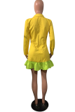 Yellow Casual Solid Split Joint Turndown Collar A Line Dresses