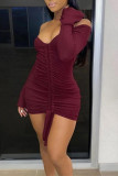 Wine Red Fashion Sexy Solid Draw String V Neck Long Sleeve Dresses