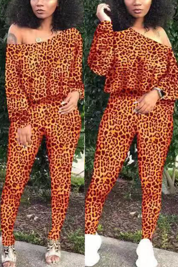 Tangerine Red Casual Leopard Patchwork Bateau Neck Long Sleeve Two Pieces
