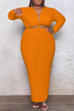 Pink Fashion Casual Plus Size Solid Bandage Hollowed Out V Neck Long Sleeve Dresses