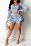 Light Blue Fashion Casual Solid Patchwork Square Collar Long Sleeve Two Pieces