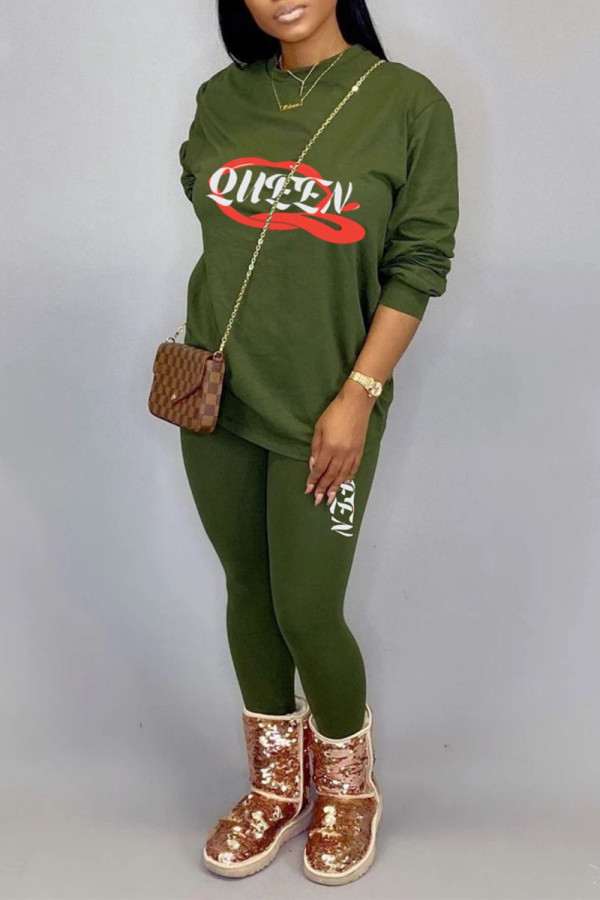 Ink Green Fashion Casual Print Basic O Neck Long Sleeve Two Pieces