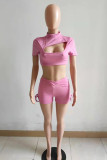 Pink Sexy Casual Solid Hollowed Out Half A Turtleneck Short Sleeve Two Pieces