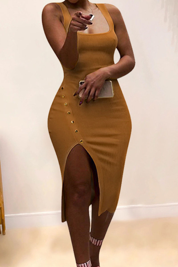 Brown Sexy Solid Patchwork Asymmetrical U Neck Pencil Skirt Dresses