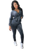 Grey Elastic Fly Mid Solid pencil Pants Two-piece suit