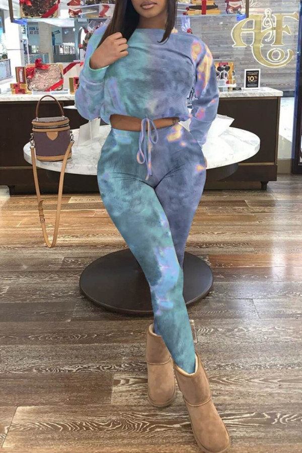 Blue Fashion Casual Print Tie-dye O Neck Long Sleeve Two Pieces