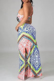 Multicolor Fashion Sexy Print Backless Slit Spaghetti Strap Sleeveless Dress