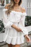 White Casual Off The Shoulder Long Sleeves One word collar Swagger skirt stringy selvedge Solid