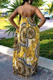 Yellow Sexy Casual Print Backless Spaghetti Strap Sleeveless Dress