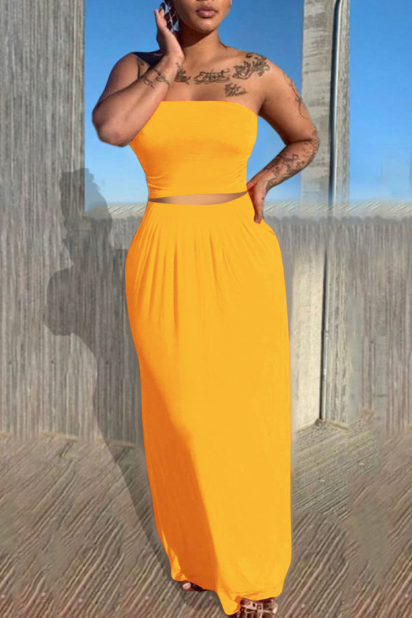 Yellow Casual Solid Patchwork Strapless Sleeveless Two Pieces