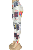 White Casual Print Patchwork Skinny High Waist Pencil Full Print Bottoms