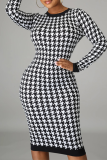 Black White Sexy Print Patchwork O Neck Pencil Skirt Dresses