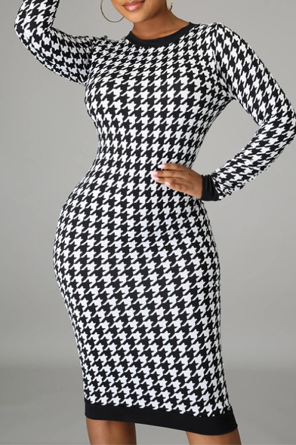 Black White Sexy Print Patchwork O Neck Pencil Skirt Dresses
