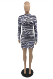 Grey Fashion Casual Print Basic Half A Turtleneck Long Sleeve Dresses