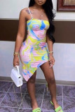 Yellow Fashion Sexy Print Backless Spaghetti Strap Irregular Dress