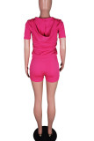 Rose Red Casual Solid Split Joint Cardigan Zipper Hooded Collar Short Sleeve Two Pieces