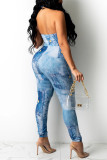 Light Blue Fashion Sexy Print Bandage Hollowed Out Backless Halter Skinny Jumpsuits