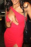 Red Fashion Sexy Solid Hollowed Out Backless One Shoulder Sleeveless Dress