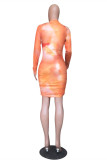 Orange Fashion Sexy Print Tie-dye Fold Half A Turtleneck Long Sleeve Dresses