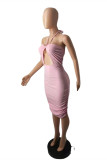Pink Fashion Sexy Solid Hollowed Out Backless Halter Sleeveless Dress