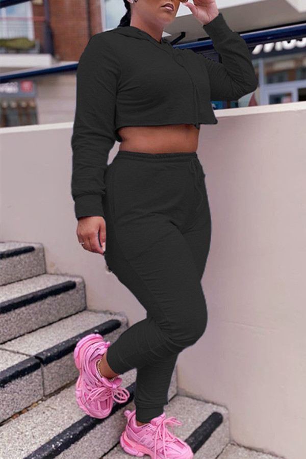 Black Fashion Casual Solid Basic Hooded Collar Long Sleeve Two Pieces