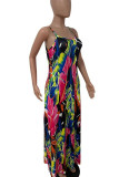 Red Sweet Print Patchwork Spaghetti Strap Pleated Dresses