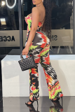 Yellow Sexy Print Hollowed Out Strapless Skinny Jumpsuits