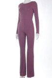Purple Fashion Sexy Solid Backless O Neck Regular Jumpsuits