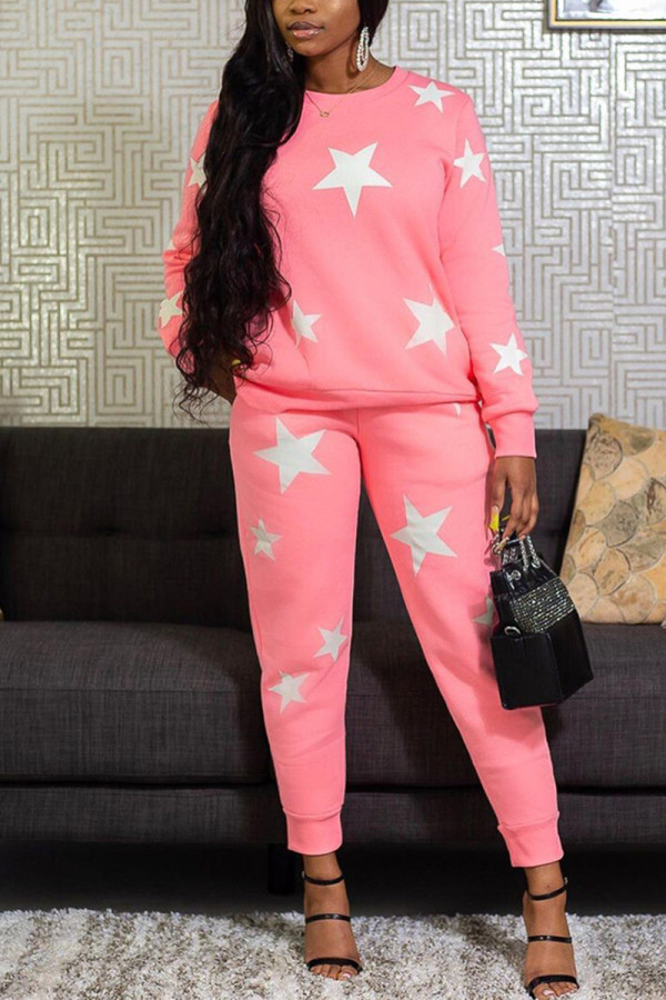 Pink Fashion Casual The stars Printing O Neck Long Sleeve Two Pieces