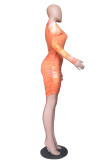 Orange Fashion Sexy Print Tie-dye Fold Half A Turtleneck Long Sleeve Dresses