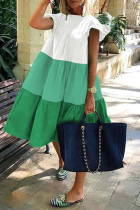 Green Casual Color Block Flounce O Neck Cake Skirt Dresses