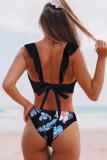 Black Two Piece Suits bandage ruffle Print backless crop top Patchwork Fashion adult Sexy
