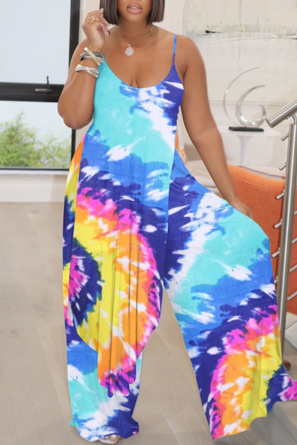 Blue Fashion Casual Print Backless Asymmetrical Spaghetti Strap Sleeveless Two Pieces