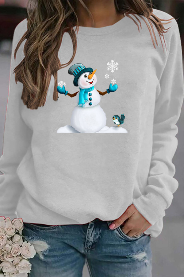 White Casual Snowman Printed Draw String O Neck Tops