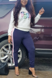White Casual Print Letter O Neck Long Sleeve Two Pieces