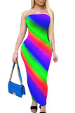 Green British Style Print Patchwork Strapless Pencil Skirt Dresses
