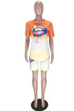 Blue Fashion Casual Gradual Change Lips Printed Basic O Neck Short Sleeve Two Pieces