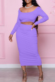 Purple Sexy Casual Solid Backless Square Collar Long Sleeve Two Pieces