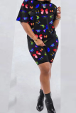 Yellow Casual Butterfly Print Patchwork O Neck Short Sleeve Two Pieces