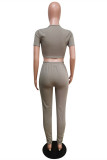 Grey Fashion Casual Solid Basic Zipper Collar Short Sleeve Two Pieces