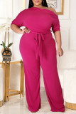 Purple Fashion Casual Solid Backless With Belt Oblique Collar Plus Size Jumpsuits
