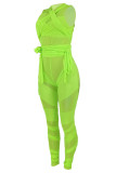 Fluorescent Green Fashion Sexy Solid Hollowed Out See-through O Neck Two Pieces