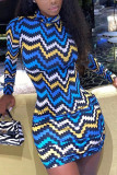Blue Sexy Striped Half A Turtleneck Wrapped Skirt Dresses