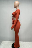 Red Fashion Casual Solid Draw String V Neck Long Sleeve Two Pieces