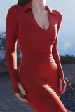 Red Sexy Solid Basic Turndown Collar Long Sleeve Dresses