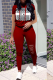 Burgundy Casual Print Patchwork Hooded Collar Short Sleeve Two Pieces